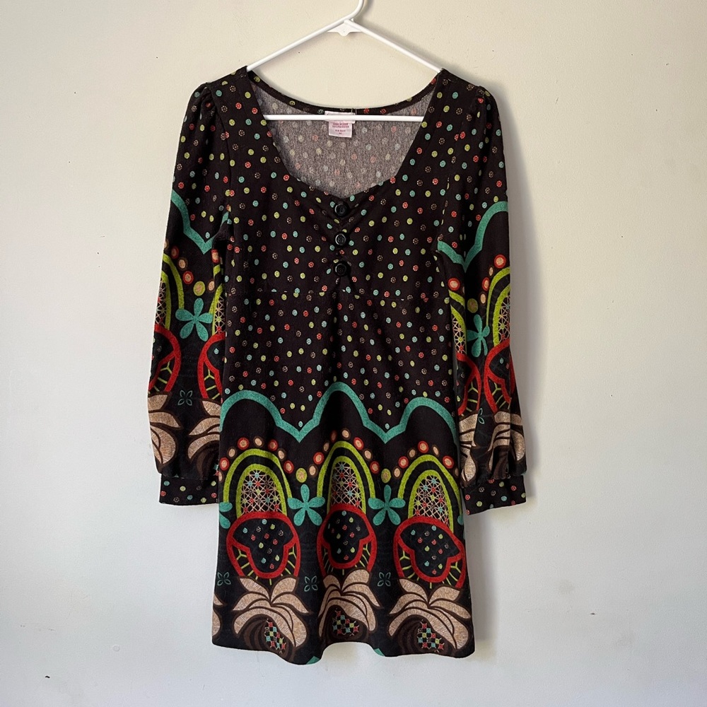 Heartache brown long sleeve dress with buttons and funky pattern